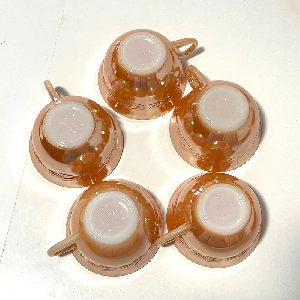 Vintage Fire King Peach Lustre Laurel Leaf Iridescent Cups and Saucers Set‎ of 5